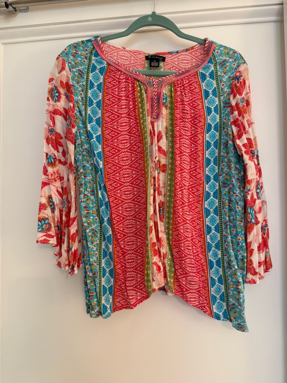 new directions Multicolor Boho Split-Neck Tunic with Floral and Stripe Panels